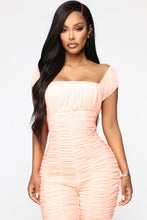 Load image into Gallery viewer, FASHION NOVA PERI RUCHED JUMPSUIT IN NEON CORAL
