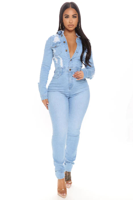 Destroyed denim jumpsuit store