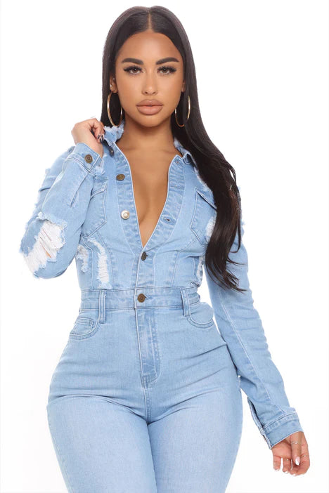 Distressed jean jumpsuit sales