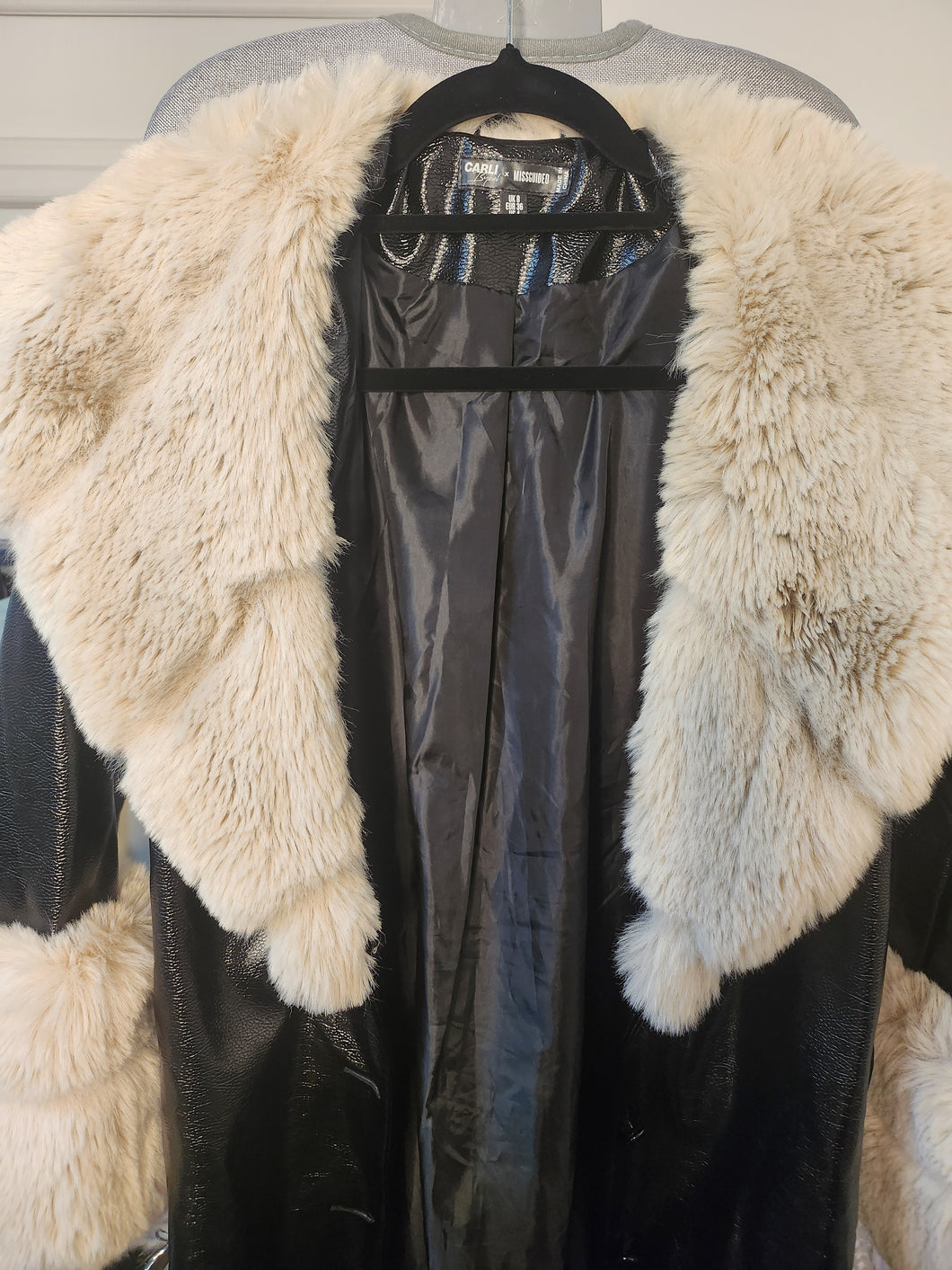 MISSGUIDED KYLE BYBEL COLLECTION FAUX LEATHER COAT WITH FUR TRIM