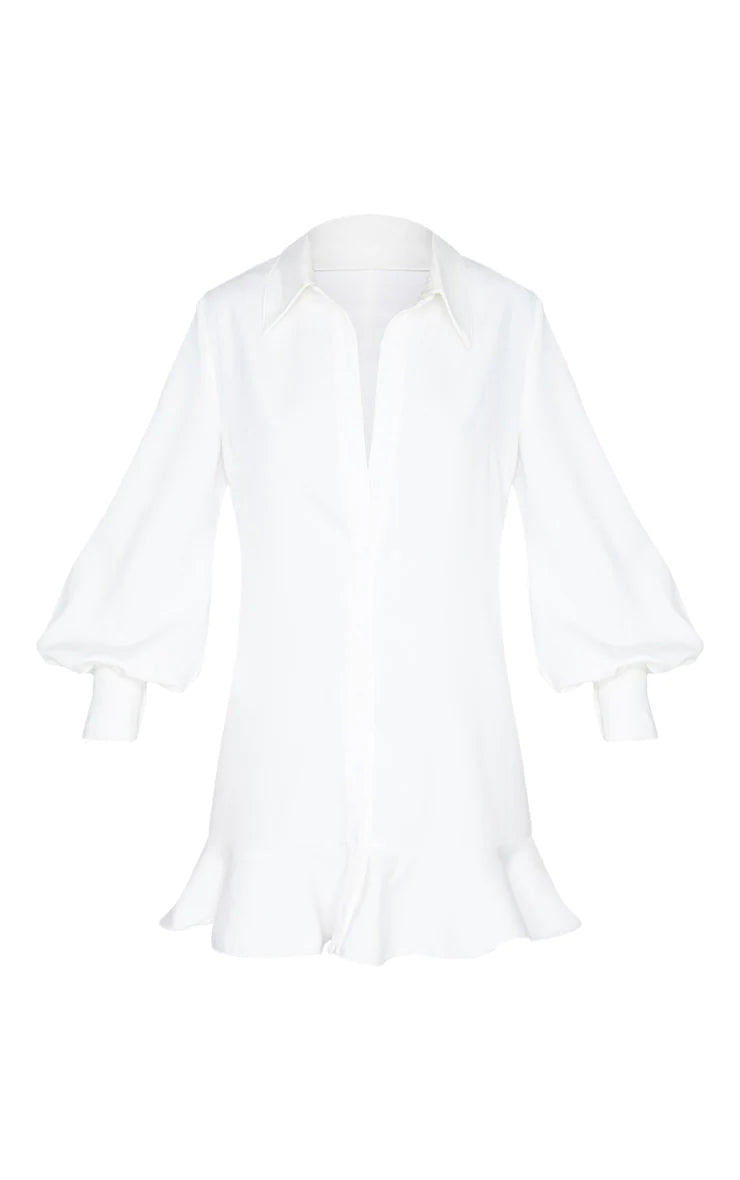 PRETTY LITTLE THING WHITE FRILL HEM SHIRT DRESS