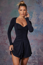 Load image into Gallery viewer, OH POLLY LILI LONG SLEEVED WATERFALL SKIRT MINI DRESS IN MIDNIGHT BLACK
