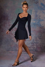 Load image into Gallery viewer, OH POLLY LILI LONG SLEEVED WATERFALL SKIRT MINI DRESS IN MIDNIGHT BLACK
