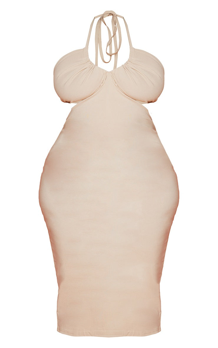 PLUS STONE STRETCH WOVEN CUT OUT HALTERNECK MIDI DRESS