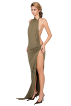 Load image into Gallery viewer, COUCOO CORVARO HIGH SPLIT MAXI DRESS IN HONEY LIME / RED / ARABICA / DEEP BERRY
