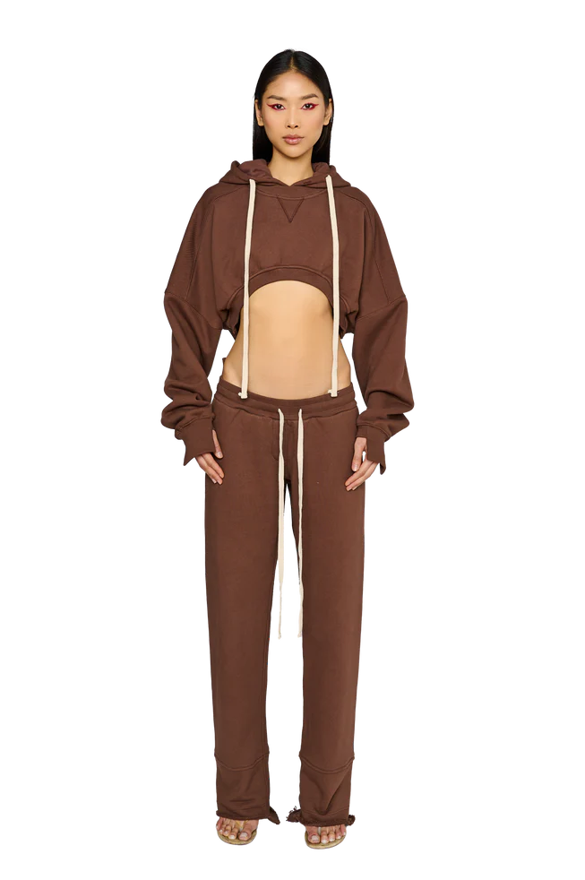 COUCOO (SET) CROPPED, ASYMMETRIC HOODIE & ASYMMETRIC, FITTED CROTCH TRACKSUIT BOTTOMS IN TEDDY