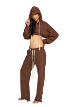 Load image into Gallery viewer, COUCOO (SET) CROPPED, ASYMMETRIC HOODIE &amp; ASYMMETRIC, FITTED CROTCH TRACKSUIT BOTTOMS IN TEDDY
