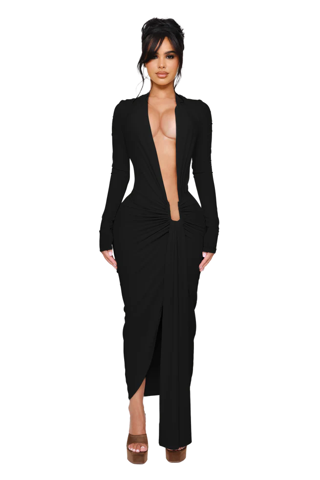 COUCOO NOXRA DEEP PLUNGE DRESS IN UNTOUCHED BUTTER / BLACK