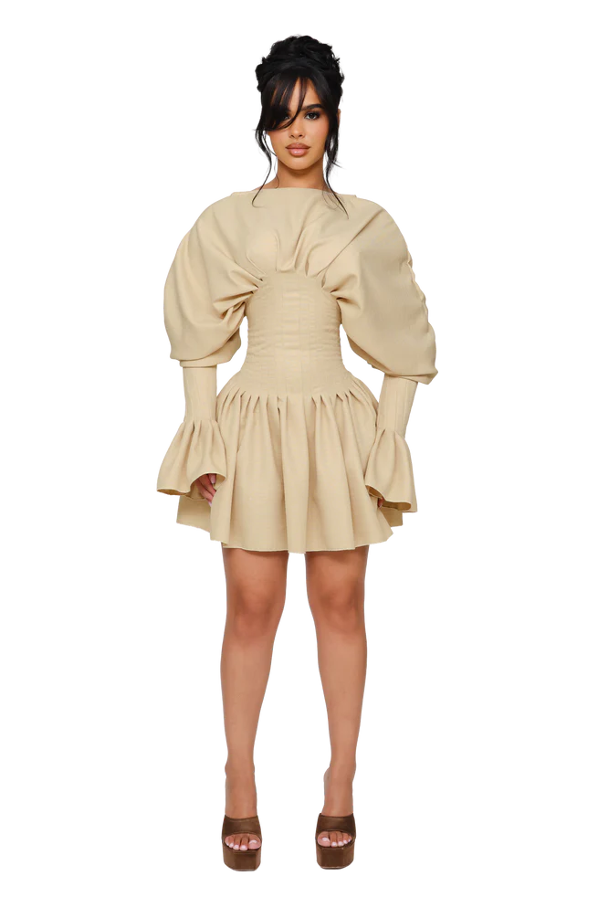 COUCOO DUSK DRAPPED MINI DRESS IN DUSTED SHELL