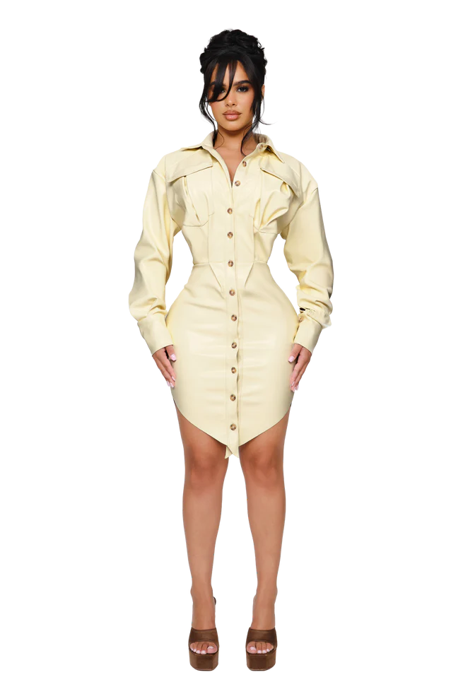chinese dress ladies Faux Leather Padded Shoulder Dress with Belt – Urban Touch main image 0