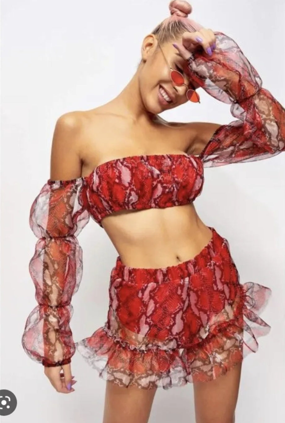 JADED LONDON RED SNAKE ORGSANZA FRILL EDGE SHORTS AND TOP SET