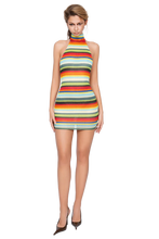 Load image into Gallery viewer, VAZZENA HIGH NECK MINI DRESS IN CORAL BLAZE AND VIVID STRATA KNIT
