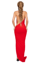 Load image into Gallery viewer, COUCOO CORVARO HIGH SPLIT MAXI DRESS IN HONEY LIME / RED / ARABICA / DEEP BERRY
