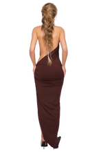 Load image into Gallery viewer, COUCOO CORVARO HIGH SPLIT MAXI DRESS IN HONEY LIME / RED / ARABICA / DEEP BERRY
