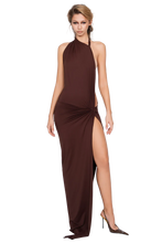 Load image into Gallery viewer, COUCOO CORVARO HIGH SPLIT MAXI DRESS IN HONEY LIME / RED / ARABICA / DEEP BERRY
