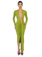 Load image into Gallery viewer, COUCOO NOXRA DEEP PLUNGE DRESS IN UNTOUCHED BUTTER / BLACK / DEEP BERRY / PISTACHIO
