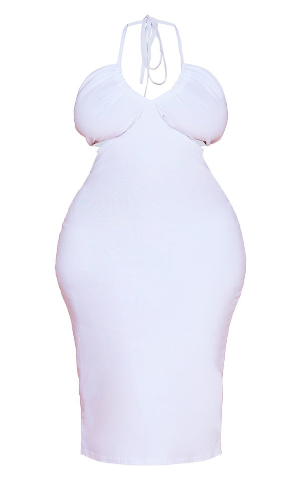 PLUS WHITE STRETCH WOVEN CUT OUT HALTERNECK MIDI DRESS