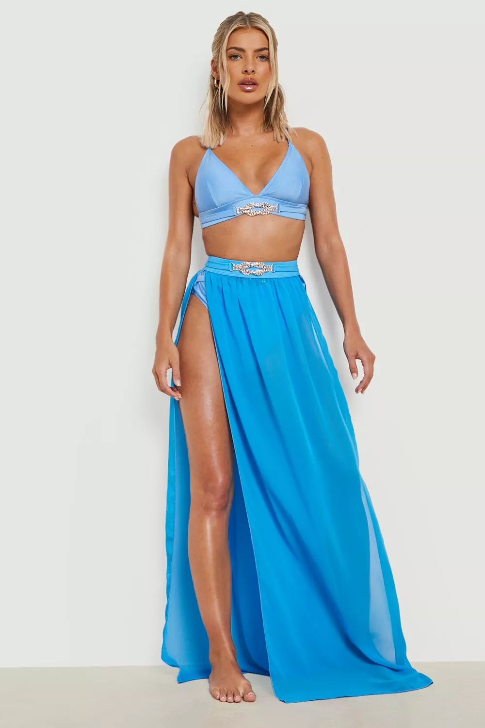 BOOHOO DIAMANTE JEWEL MAXI BEACH SKIRT IN BLUE