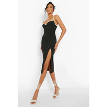 Load image into Gallery viewer, BOOHOO MADISON BEER BLACK &amp; WHITE CONTRAST TRIM MIDI SLIT THIGH DRESS
