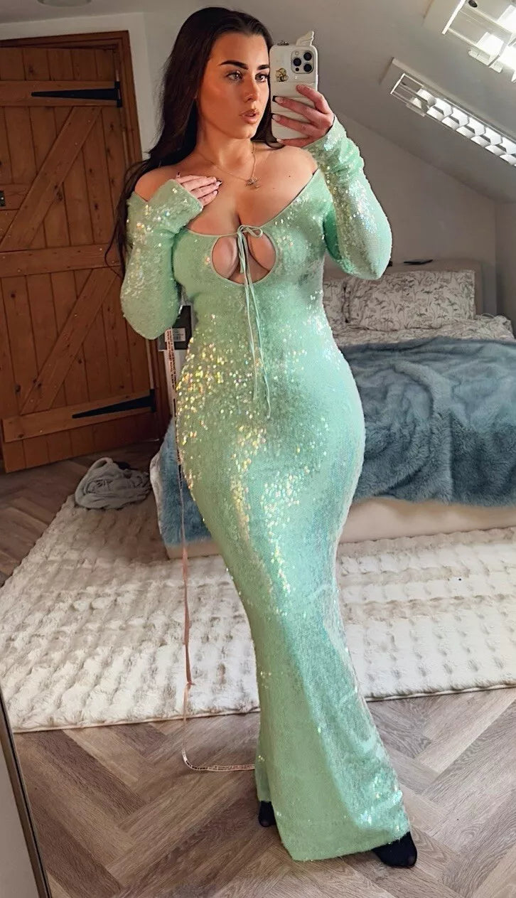 HOUSE OF CB SEQUIN TATANIA SEAFOAM GREEN FULL LENGTH DRESS