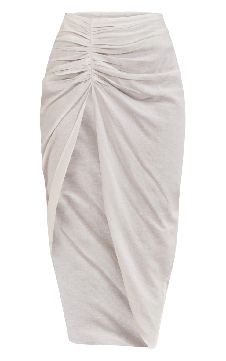 PRETTY LITTLE THING WHITE LINEN LOOK RUCHED SPLIT MAXI SKIRT