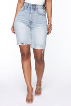 Load image into Gallery viewer, FASHION NOVA &#39;FAVORITE LONGLINE DENIM SHORTS&#39; IN LIGHT BLUE WASH
