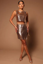 Load image into Gallery viewer, FASHION NOVA IRIS CHAINMAIL SKIRT SET IN GOLD
