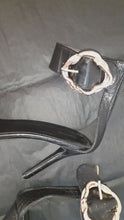 Load and play video in Gallery viewer, PRETTY LITTLE THING GOLD BUCKLE DETAIL HEELS IN BLACK
