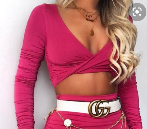 OH POLLY 'FEEL THE RUCHE' LONG SLEEVE TWIST FRONT RUCHED CROP TOP IN HOT PINK