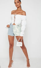Load image into Gallery viewer, MANIERE DE VOIR &#39;TIE DYE&#39; DENIM SHORTS WITH DISTRESSING IN LIGHT BLUE, SIZE 8
