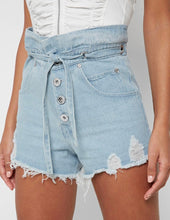 Load image into Gallery viewer, MANIERE DE VOIR &#39;PAPERBAG DENIM SHORTS WITH DISTRESSING, SIZE 12

