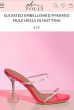Load image into Gallery viewer, ELEVATED EMBELLISHED PYRAMID MULE HEELS IN HOT PINK, SIZE 4

