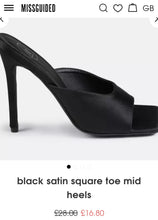 Load image into Gallery viewer, MISSGUIDED BLACK SATIN SQUARE TOE MID HEELS, SIZE 7
