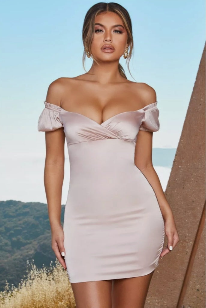 OH POLLY 'INFINITE LOVE' SATIN OFF SHOULDER DRESS IN BLUSH PINK