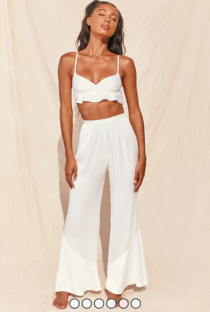 OH POLLY 'LUXERY ESCAPE' FRILL SATIN TROUSERS IN WHITE