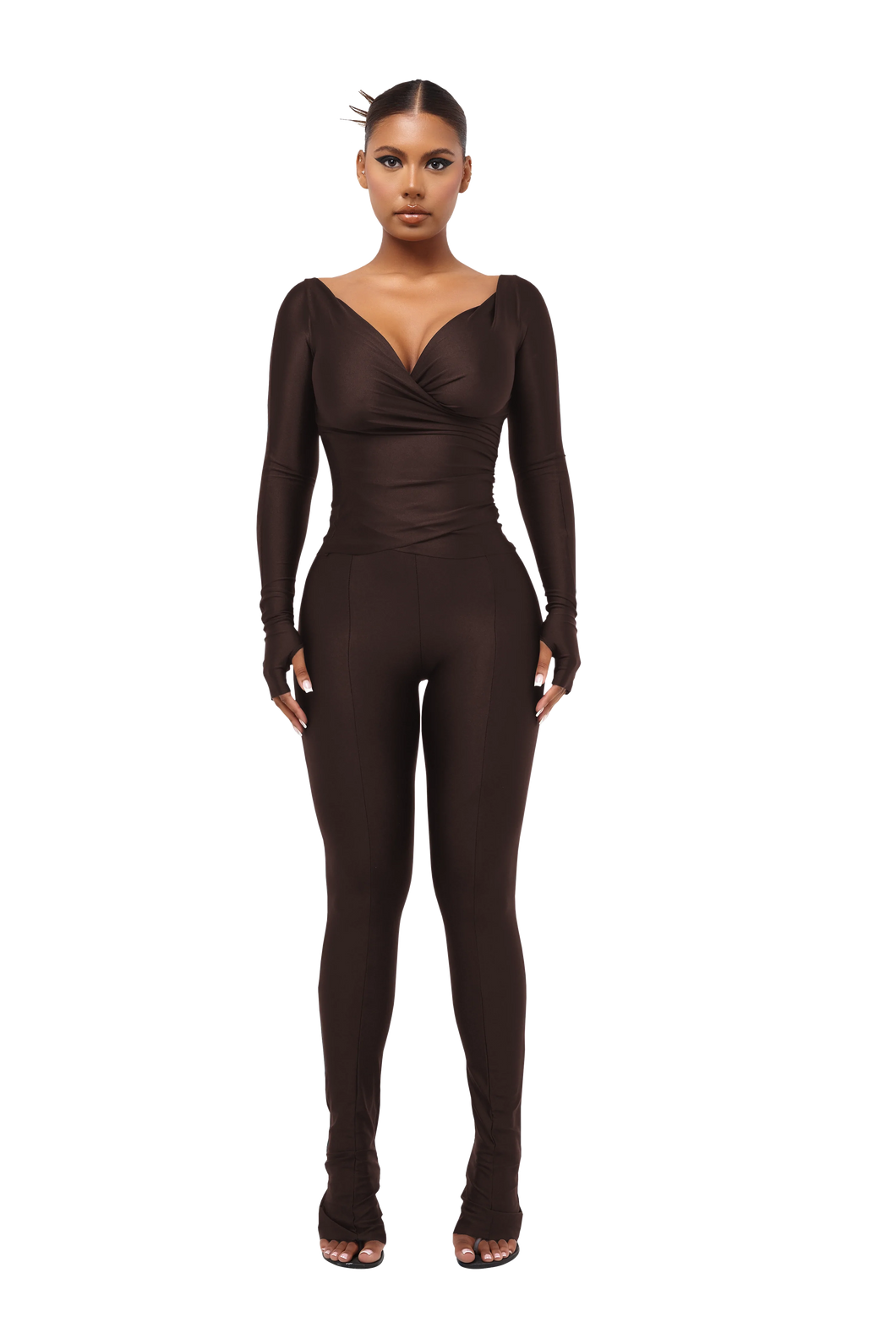 COUCOO LANAI LEGGINGS AND LONG SLEEVE TOP SET IN CHOCOLATE