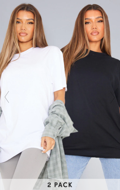 PRETTY LITTLE THING COTTON BLACK & WHITE 2 PACK OVERSIZED T-SHIRT