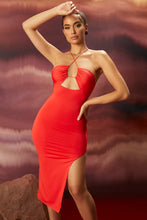 Load image into Gallery viewer, OH POLLY TREAT ME WELL CROSS STRAP KEYHOLE MIDI DRESS IN RED
