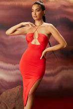 Load image into Gallery viewer, OH POLLY TREAT ME WELL CROSS STRAP KEYHOLE MIDI DRESS IN RED
