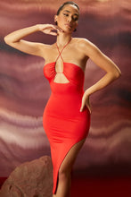 Load image into Gallery viewer, OH POLLY TREAT ME WELL CROSS STRAP KEYHOLE MIDI DRESS IN RED
