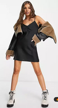 Load image into Gallery viewer, STRADIVARIUS SATIN SLIP MINI DRESS IN BLACK
