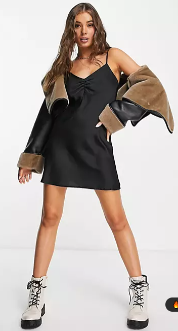 STRADIVARIUS SATIN SLIP MINI DRESS IN BLACK