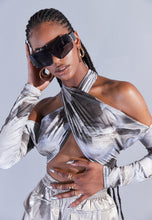 Load image into Gallery viewer, AAZHIA x MISSGUIDED PRINTED SLINKY WRAP CROPPED TOP IN STONE
