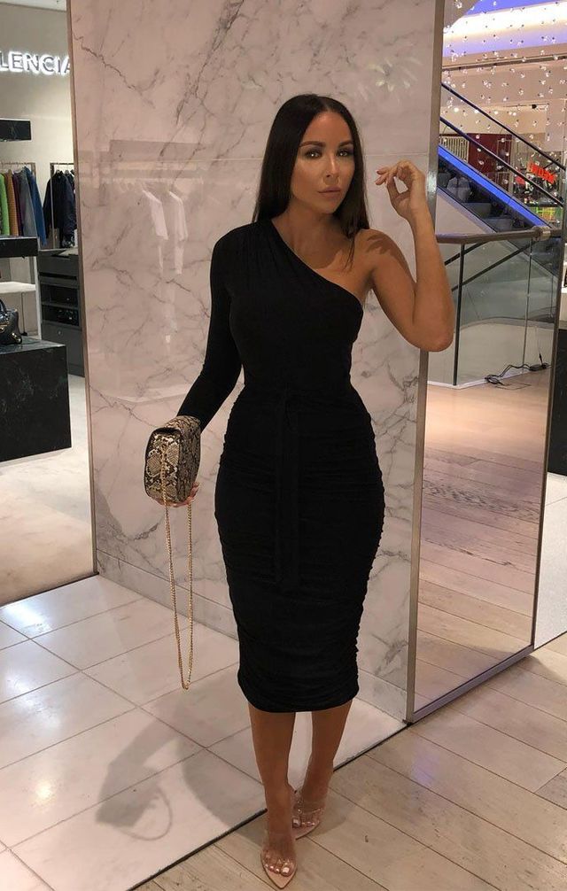 One shoulder black midi hot sale dress
