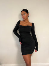 Load image into Gallery viewer, I SAW IT FIRST PUFF SLEEVED RUCHED MINI MILK MAID DRESS IN BLACK
