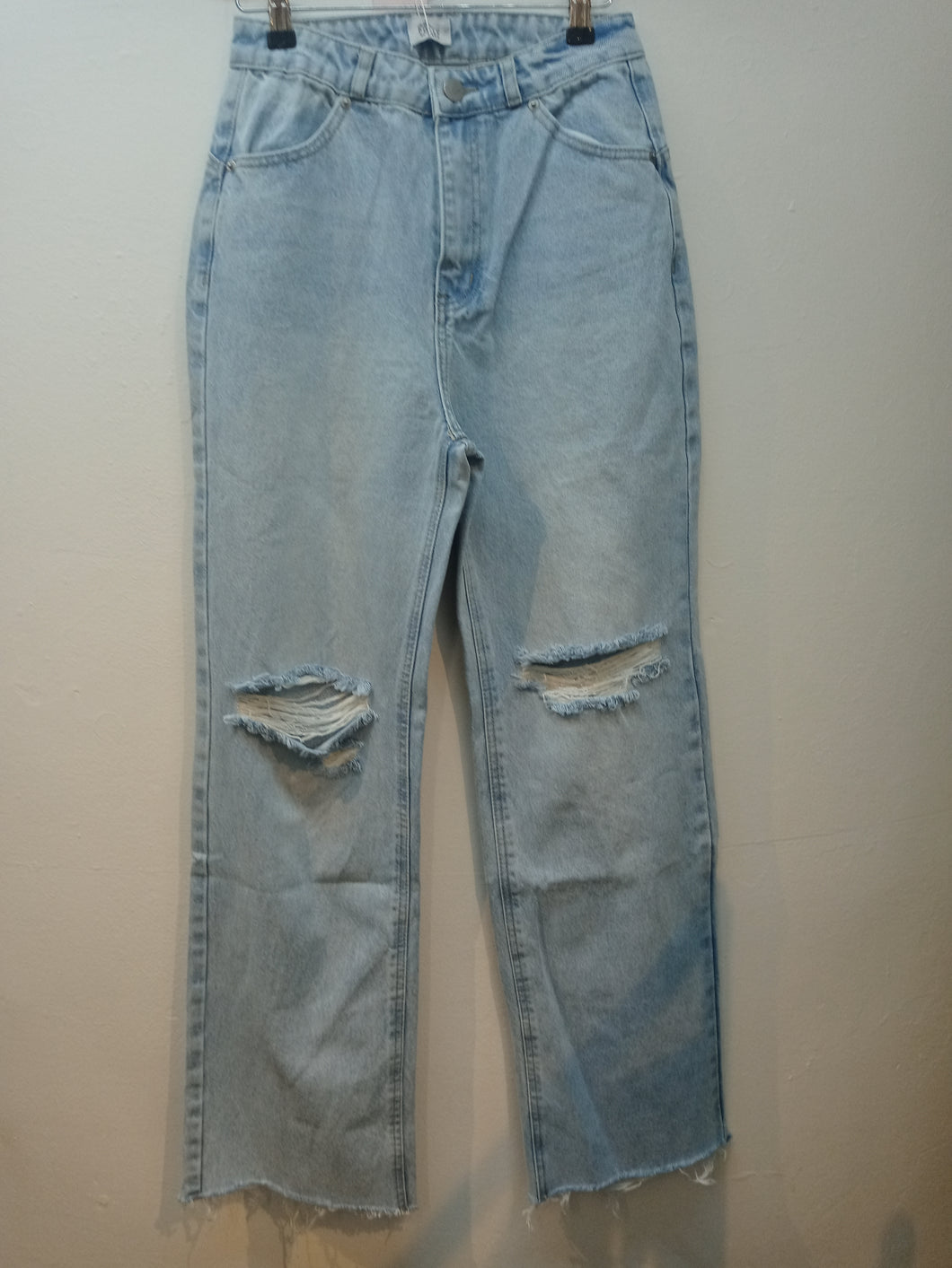 OH POLLY 'BACK ME UP' CUT OUT BACK WIDE LEG DISTRESSED JEANS IN LIGHT BLUE WASH