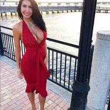 Load image into Gallery viewer, OH POLLY &#39;HOLD YOU IN&#39; LACE CHOKER PEPLUM MIDI DRESS IN RED
