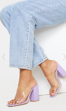 Load image into Gallery viewer, PRETTY LITTLE THING &#39;LILAC SQUARE TOE&#39; BLOCK HEEL CLEAR MULES
