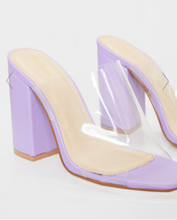 Load image into Gallery viewer, PRETTY LITTLE THING &#39;LILAC SQUARE TOE&#39; BLOCK HEEL CLEAR MULES
