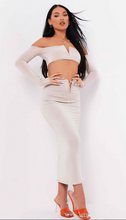 Load image into Gallery viewer, AZIZA SAND HALTER NECK V BAR COLD SHOULDER CROP TOP WITH MCKENNA SAND CUT OUT STRAP MIDI SKIRT
